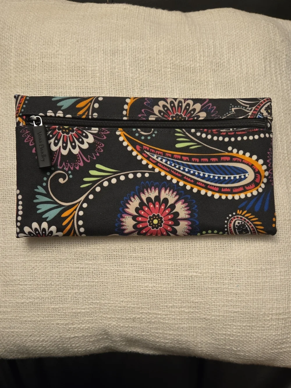 Vera Bradley Black Paisley Floral Zip Pencil/Cosmetic Case 9.75